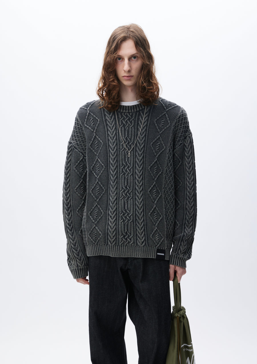 WASHED CREWNECK CABLE SWEATER