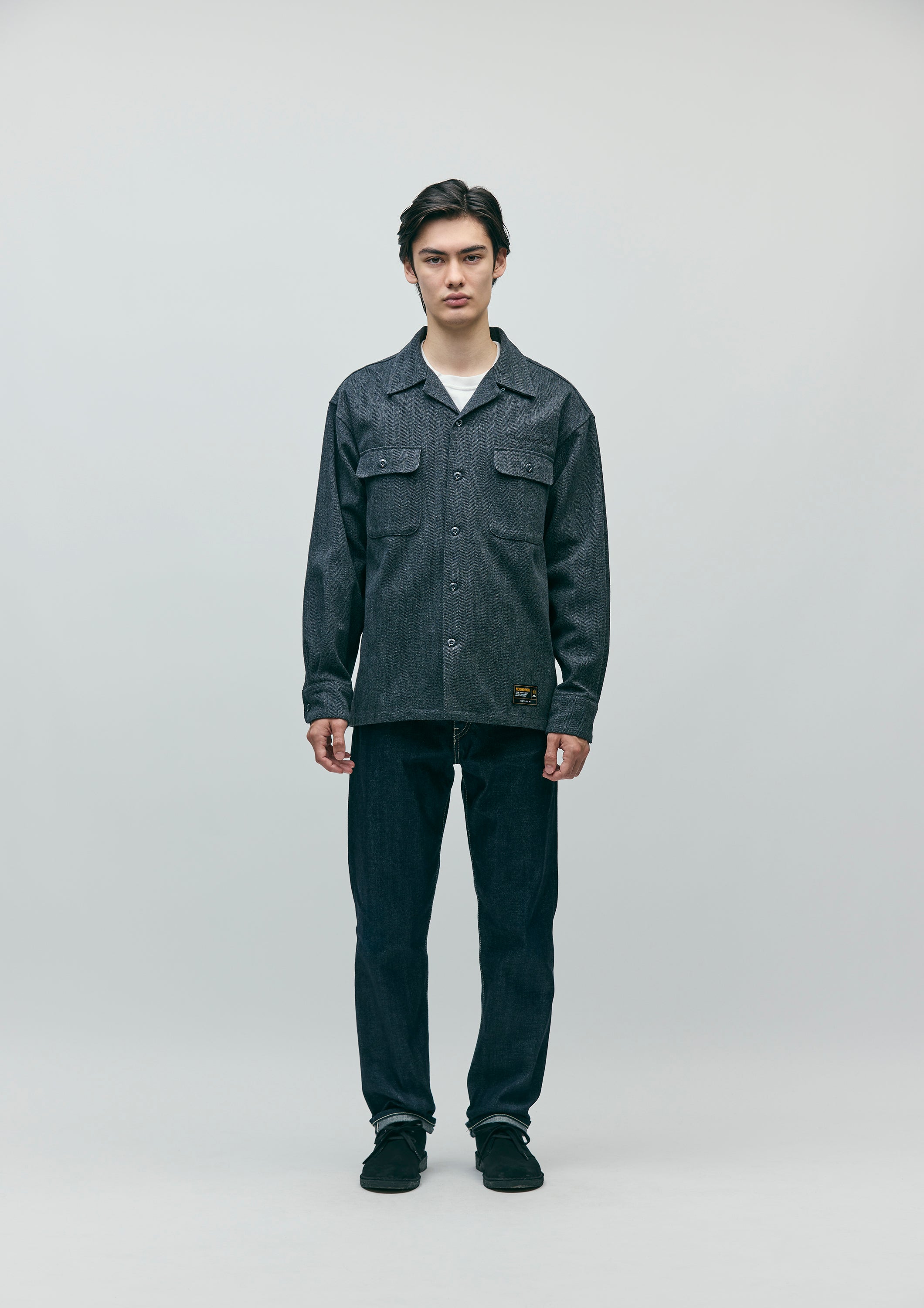 HERRINGBONE OPEN COLLAR SHIRT LS